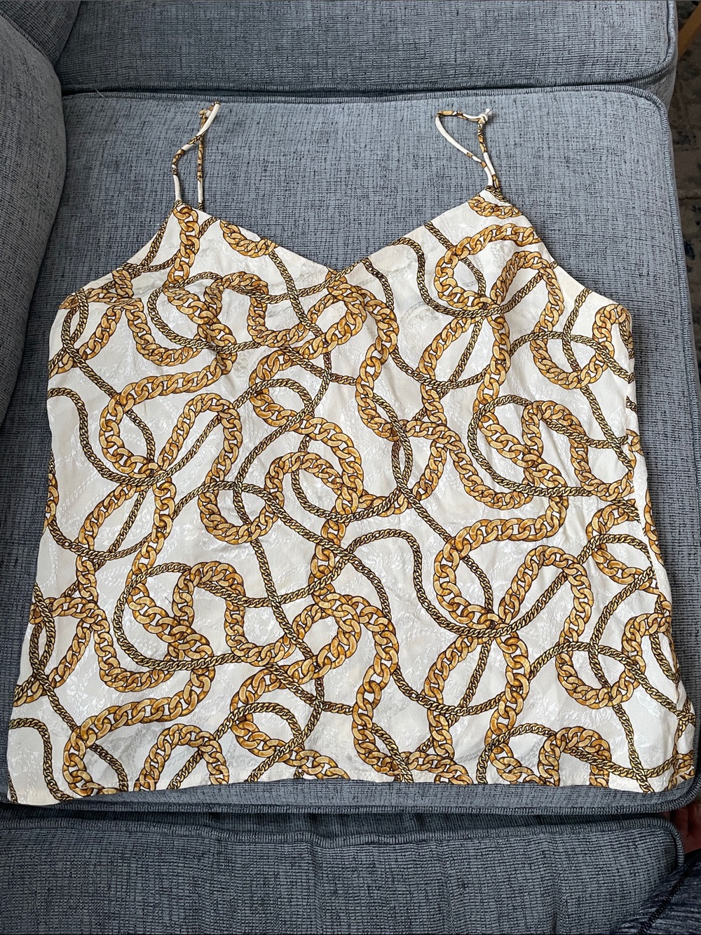 Vtg Anne Klein White Silk Cami with Gold Chain Print